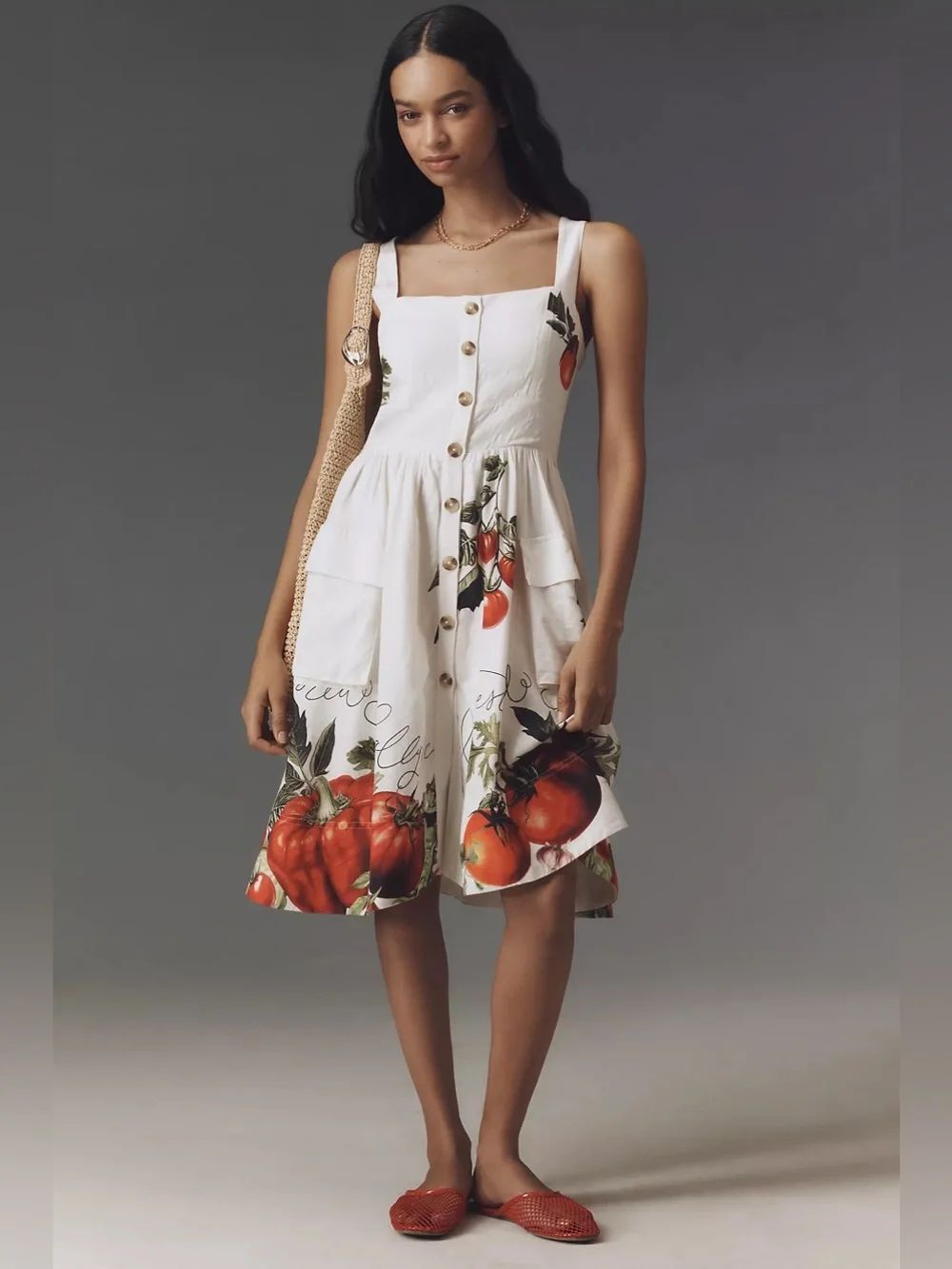 Anthropologie Maeve Button-Front Tomato Midi Dress Size S